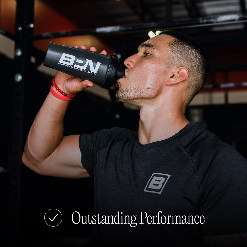 Bare Performance Nutrition blender bottle featuring screw-on lid and flip cap for secure closure