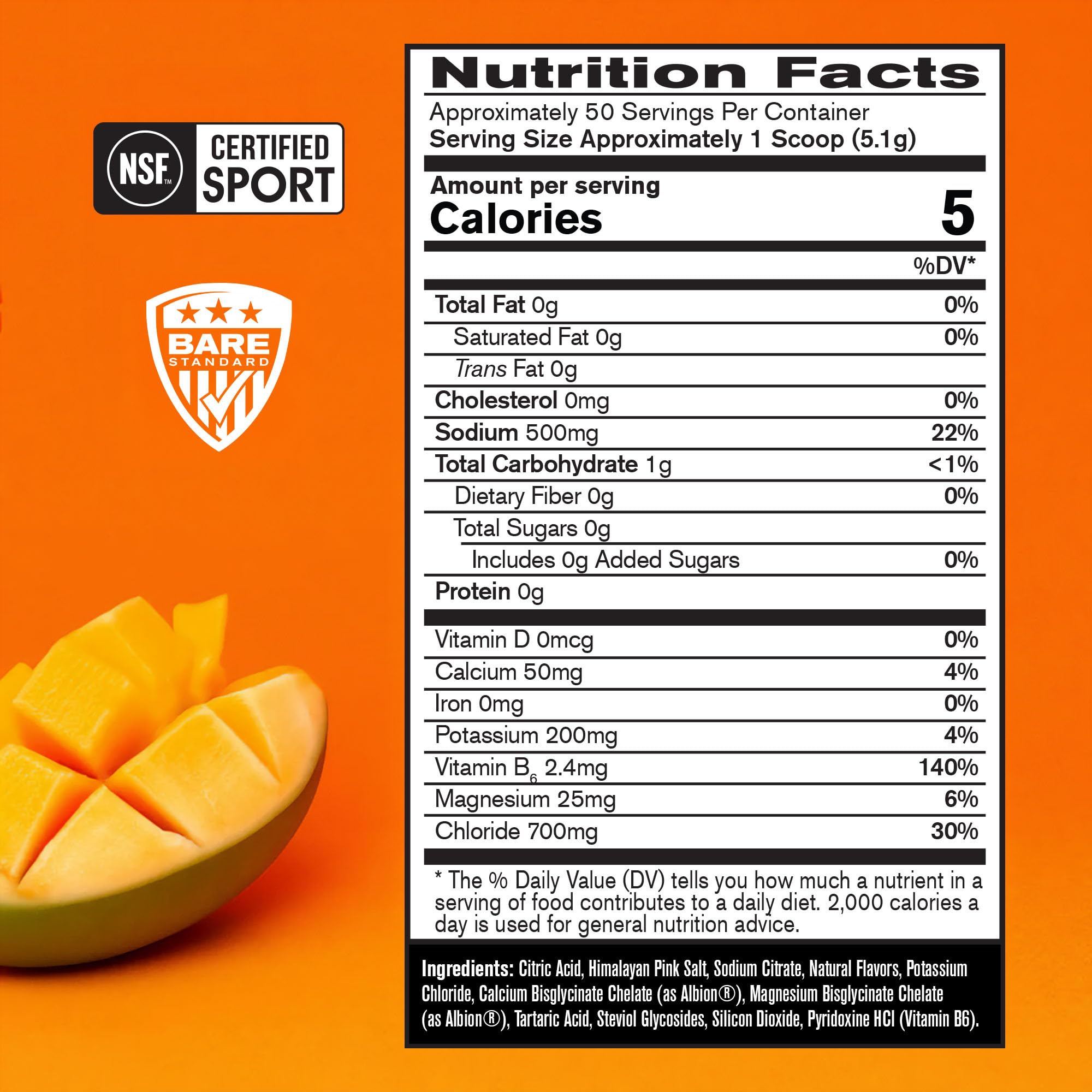 Bare Performance Nutrition BPN Electrolytes mango powder ready to mix for quick hydration.