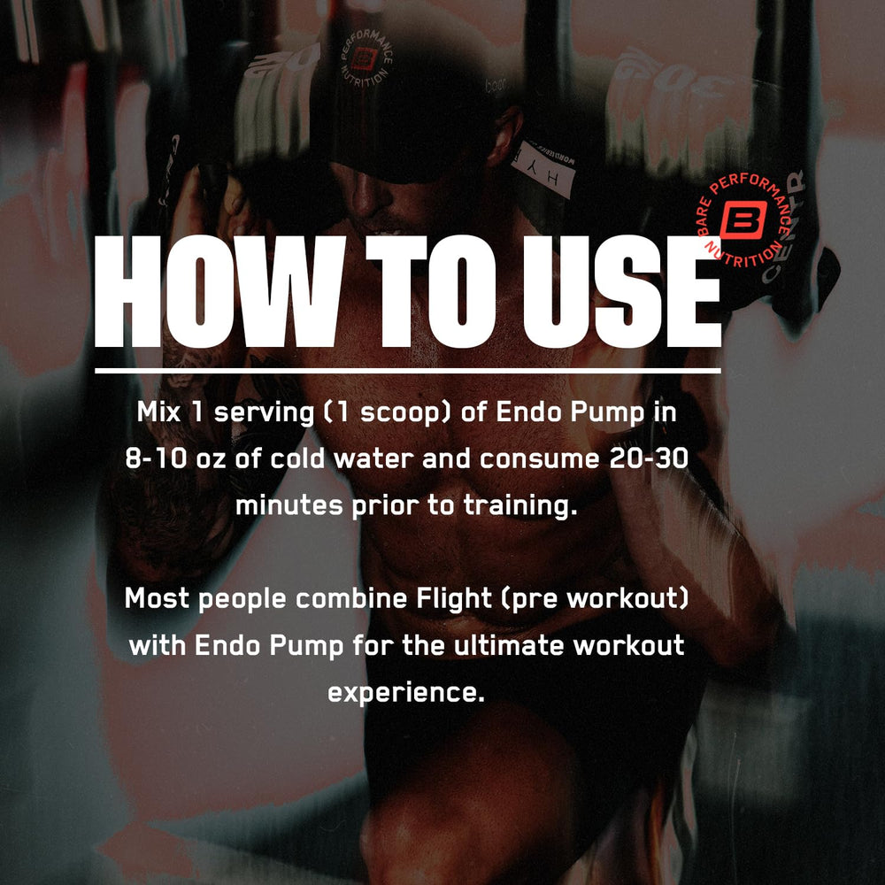BARE PERFORMANCE NUTRITION Endo Pump label highlights caffeine-free formula for late-day workouts