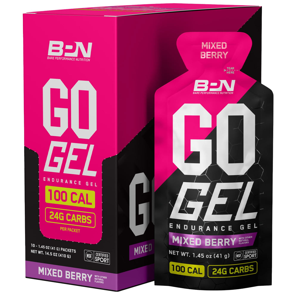 BARE PERFORMANCE NUTRITION Go Gel Endurance mixed berry pack supports sustained energy for runners.