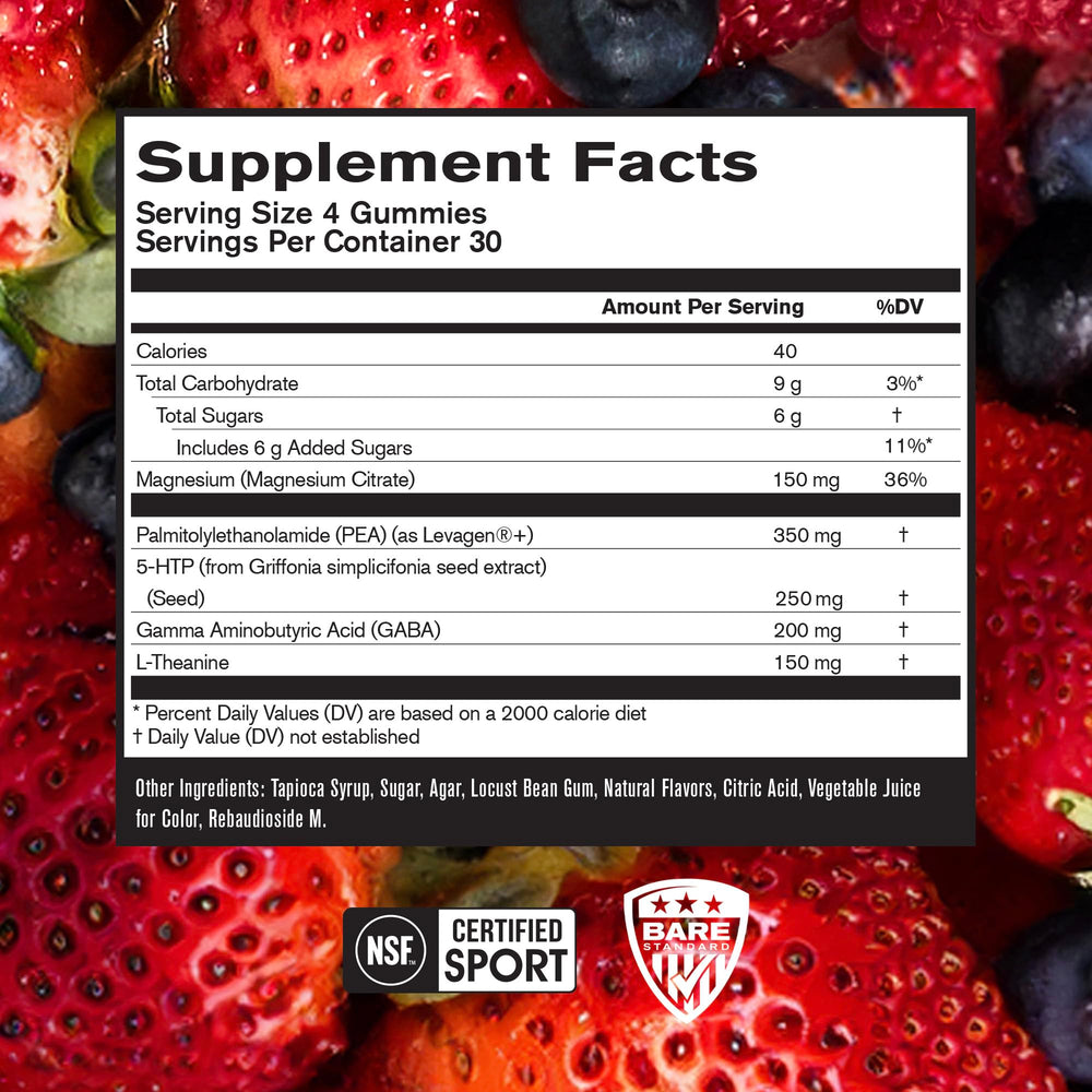 BARE PERFORMANCE NUTRITION BPN Peak Sleep Gummy berry closeup highlighting natural ingredients.