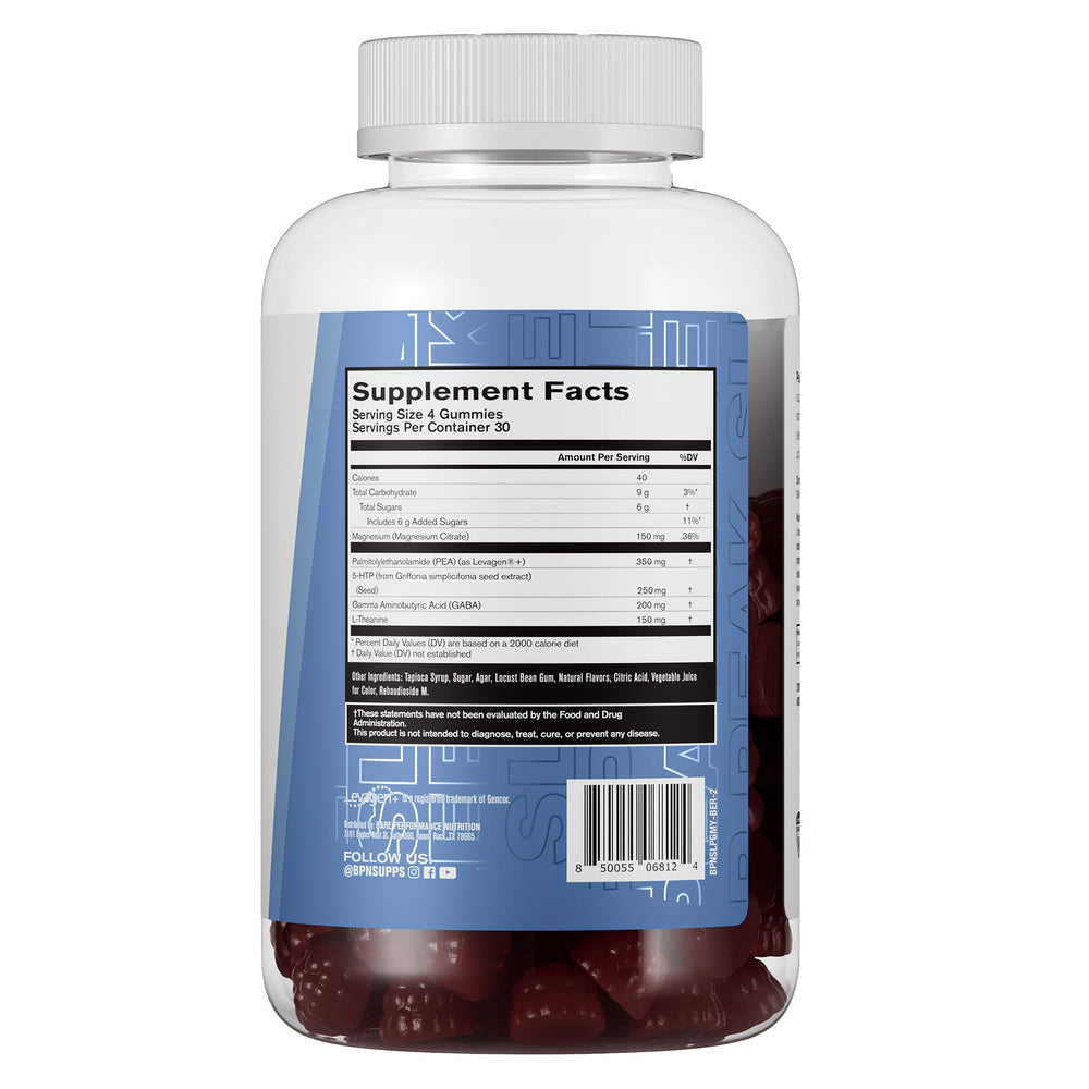 BARE PERFORMANCE NUTRITION BPN Peak Sleep Gummy packaging image emphasizing berry flavor.