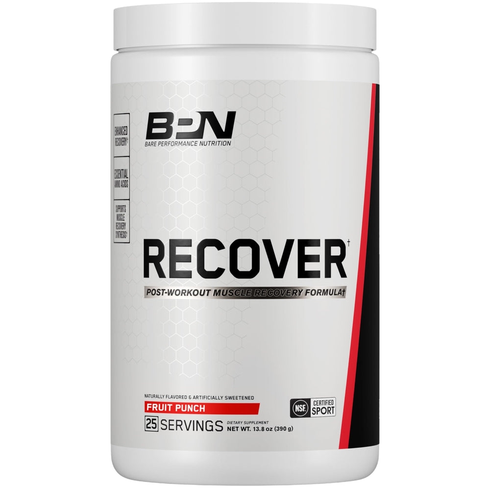BARE PERFORMANCE NUTRITION BPN Recover tub label highlighting essential amino acids for recovery