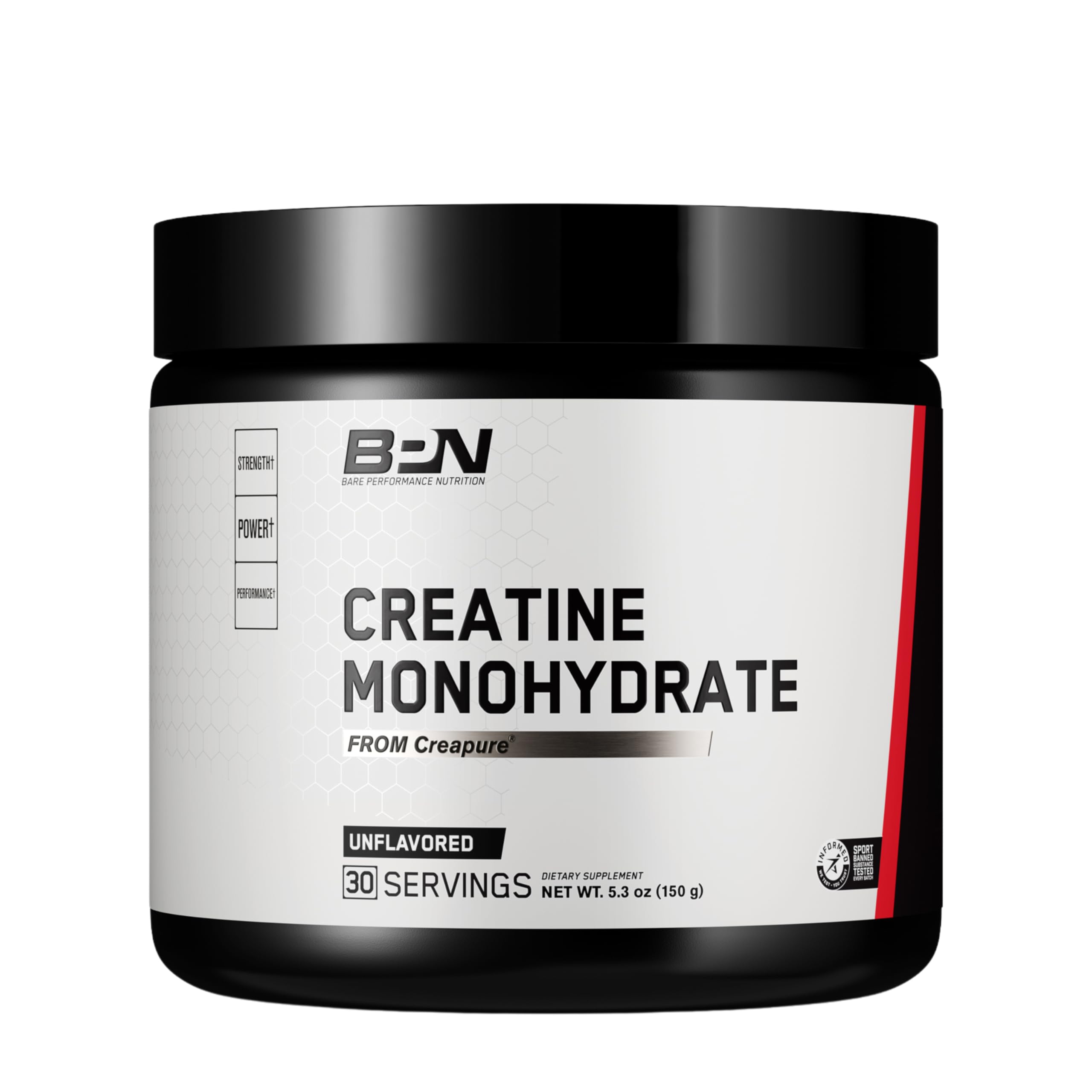 Bare Performance Nutrition creatine monohydrate tub with Creapure purity for strength support.