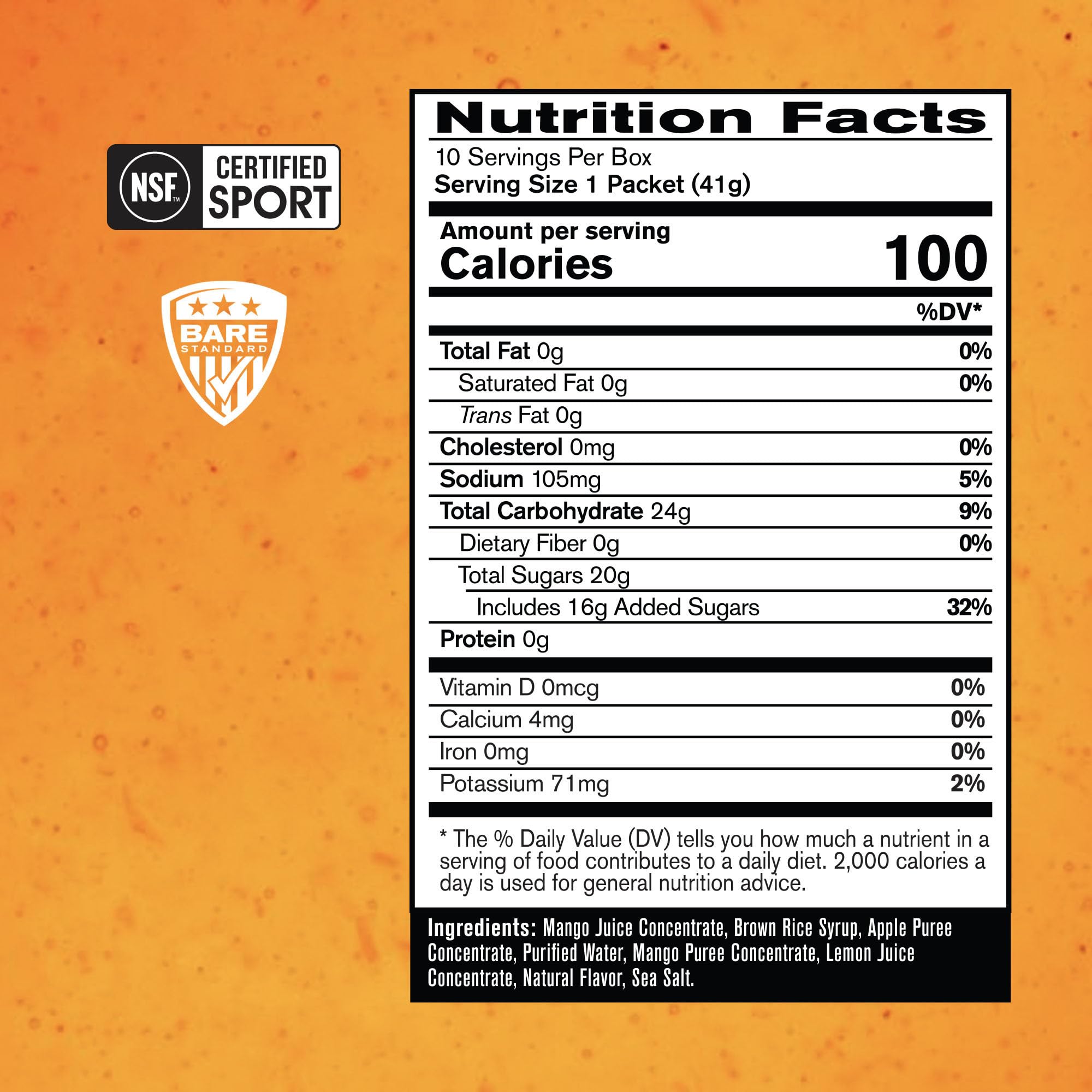 Bare Performance Nutrition Go Gel Endurance mango pack back with nutrition details and electrolytes