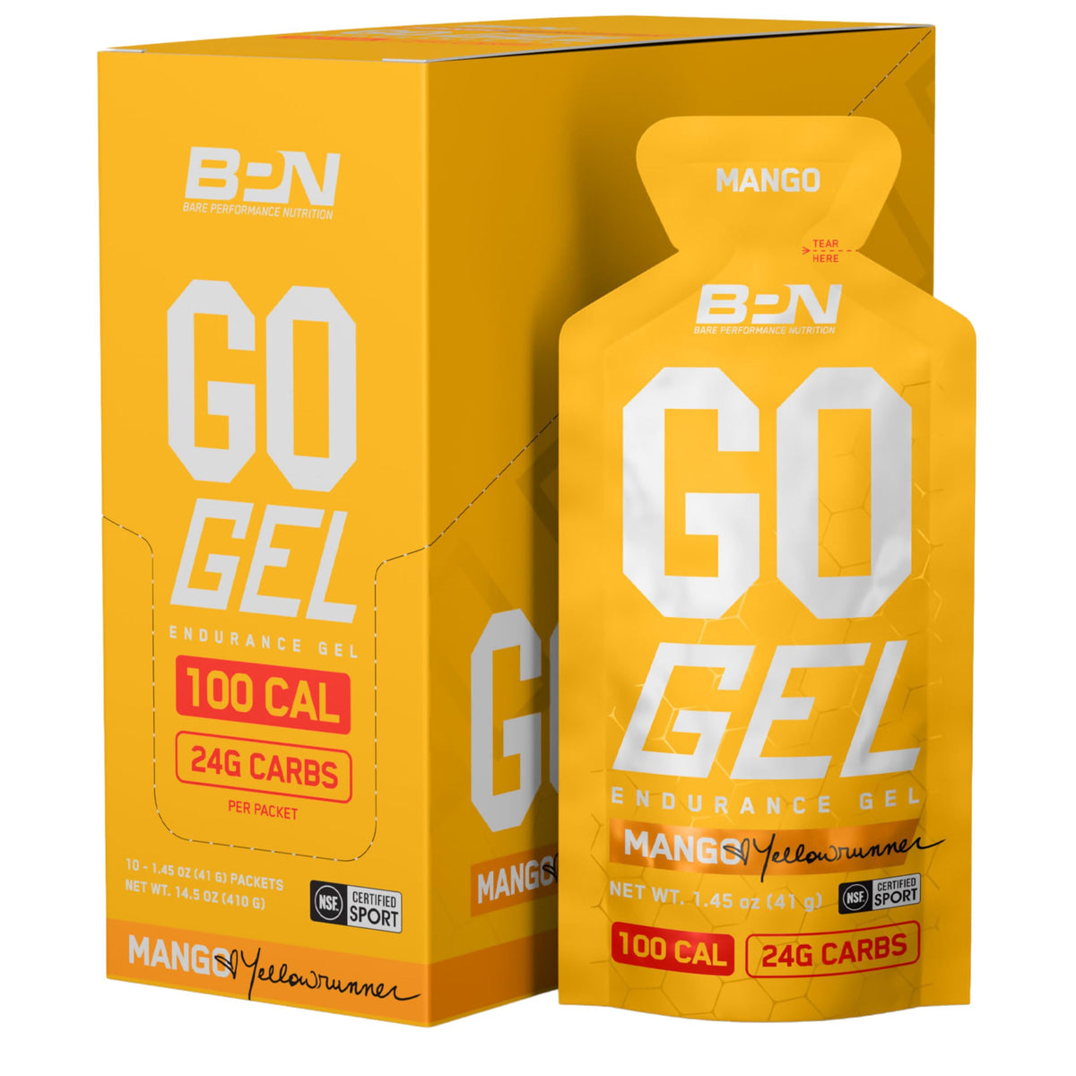 Bare Performance Nutrition Go Gel Endurance mango pack front for quick energy during runs