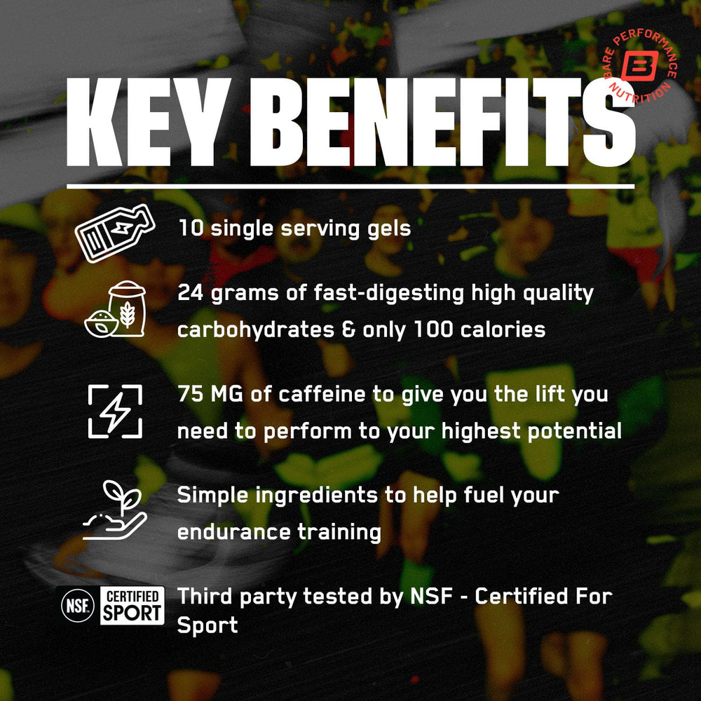 BARE PERFORMANCE NUTRITION Go Gel Endurance nutrition facts close-up showing 24g carbs and 100 calories.