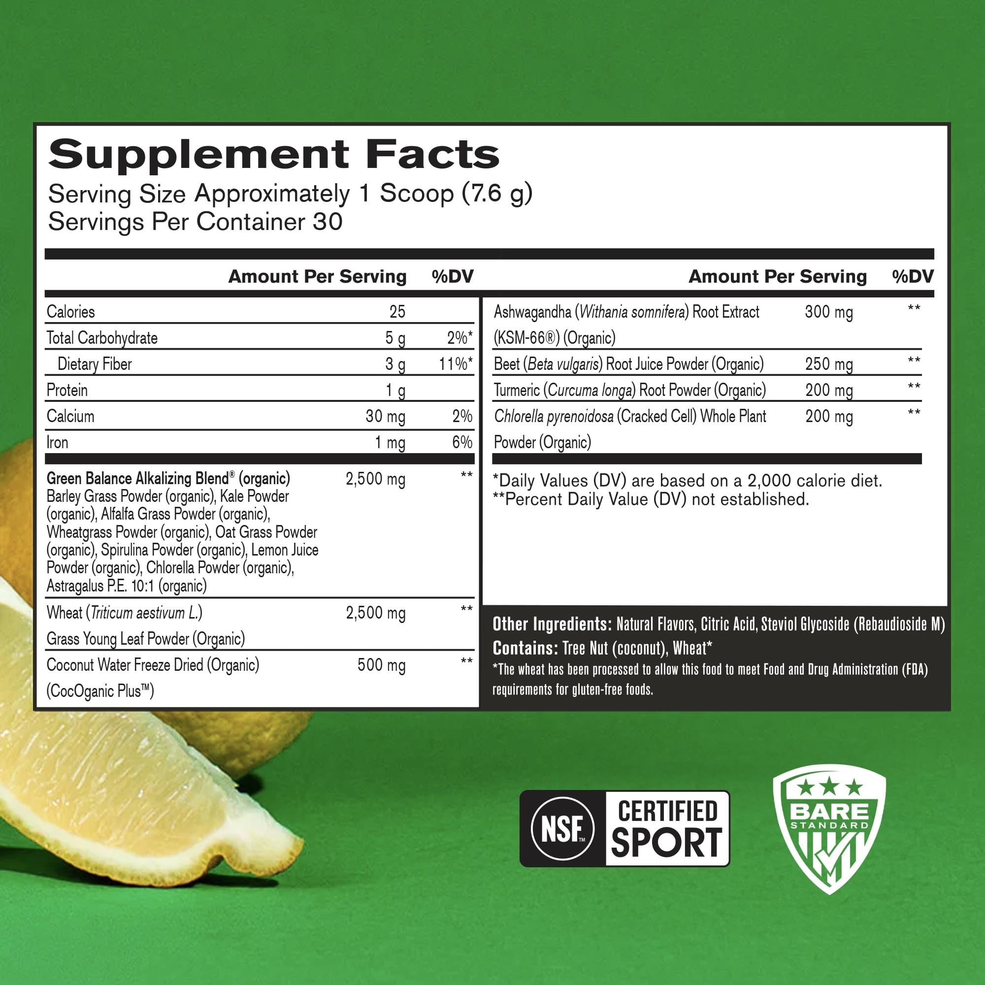 BARE PERFORMANCE NUTRITION Strong Greens Lemon scoop ready for mixing, convenient daily use.
