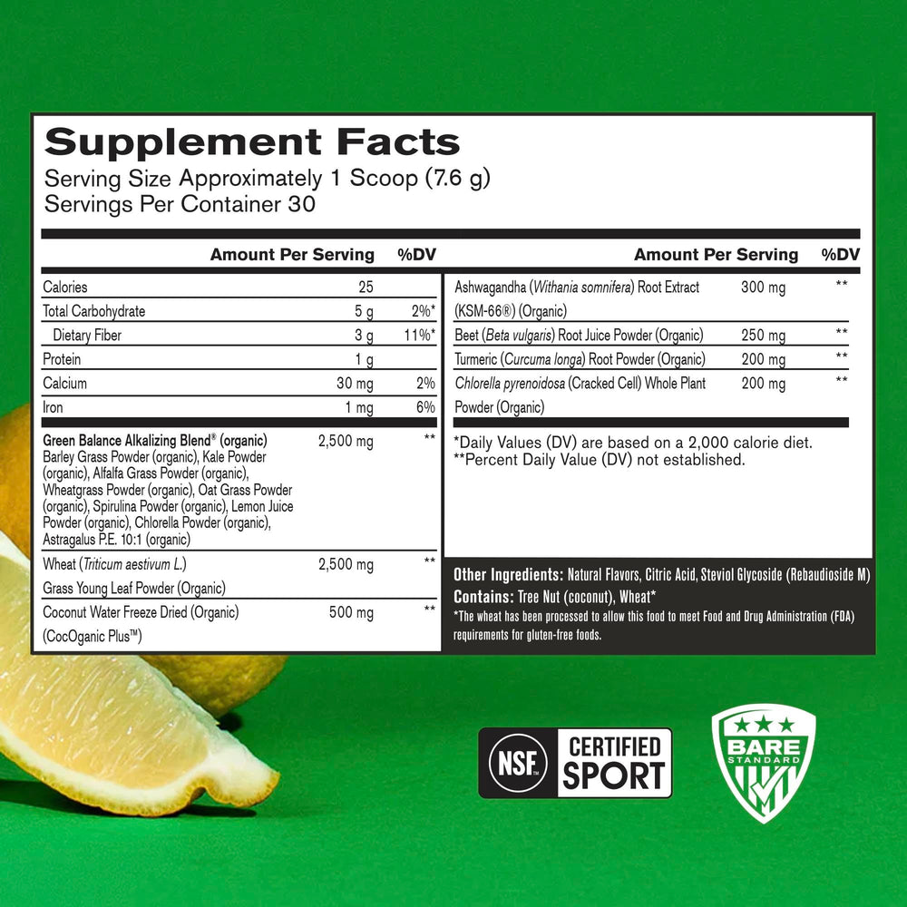 BARE PERFORMANCE NUTRITION Strong Greens Lemon scoop ready for mixing, convenient daily use.