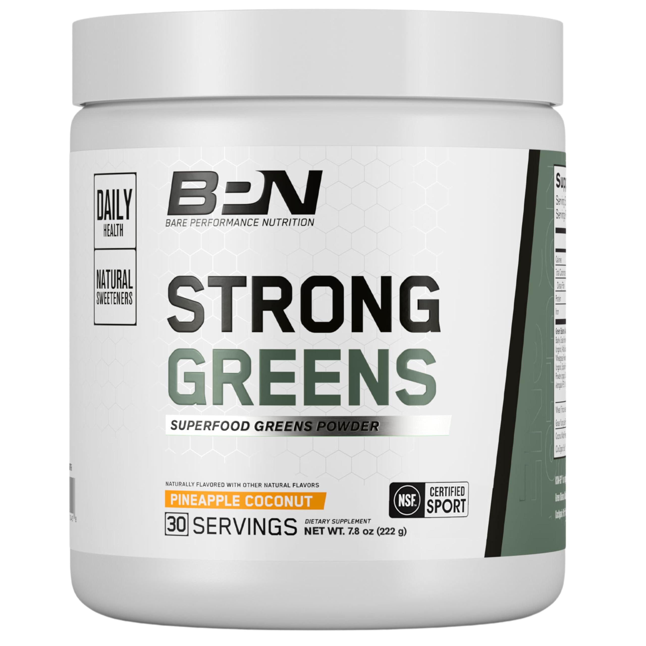 BARE PERFORMANCE NUTRITION Strong Greens pineapple coconut pour highlights refreshing energy support