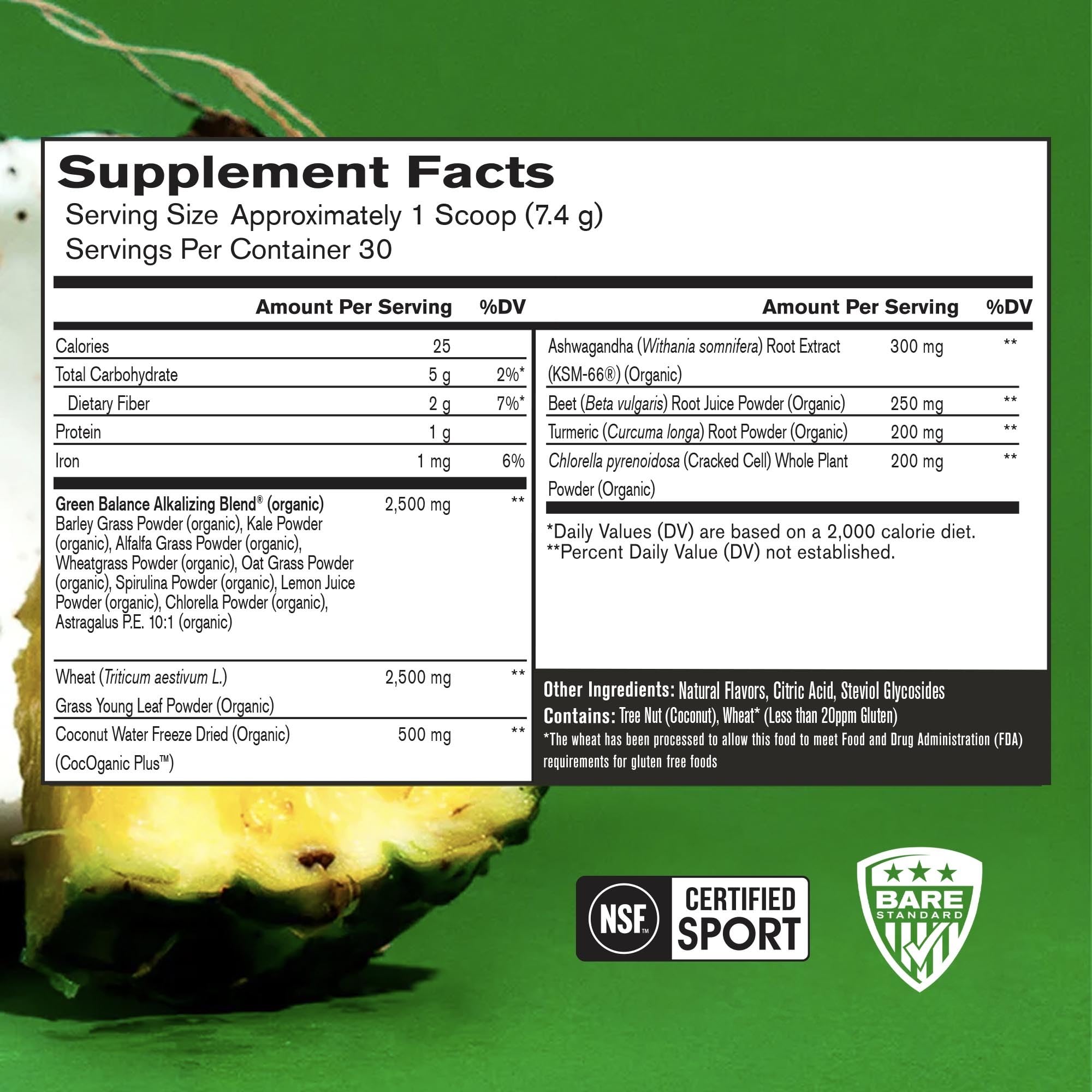 BARE PERFORMANCE NUTRITION Strong Greens tub scoop shows convenient daily nutrition boost