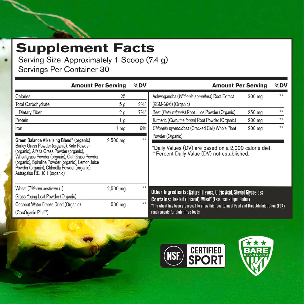 BARE PERFORMANCE NUTRITION Strong Greens tub scoop shows convenient daily nutrition boost