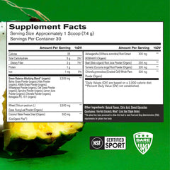 BARE PERFORMANCE NUTRITION Strong Greens tub scoop shows convenient daily nutrition boost