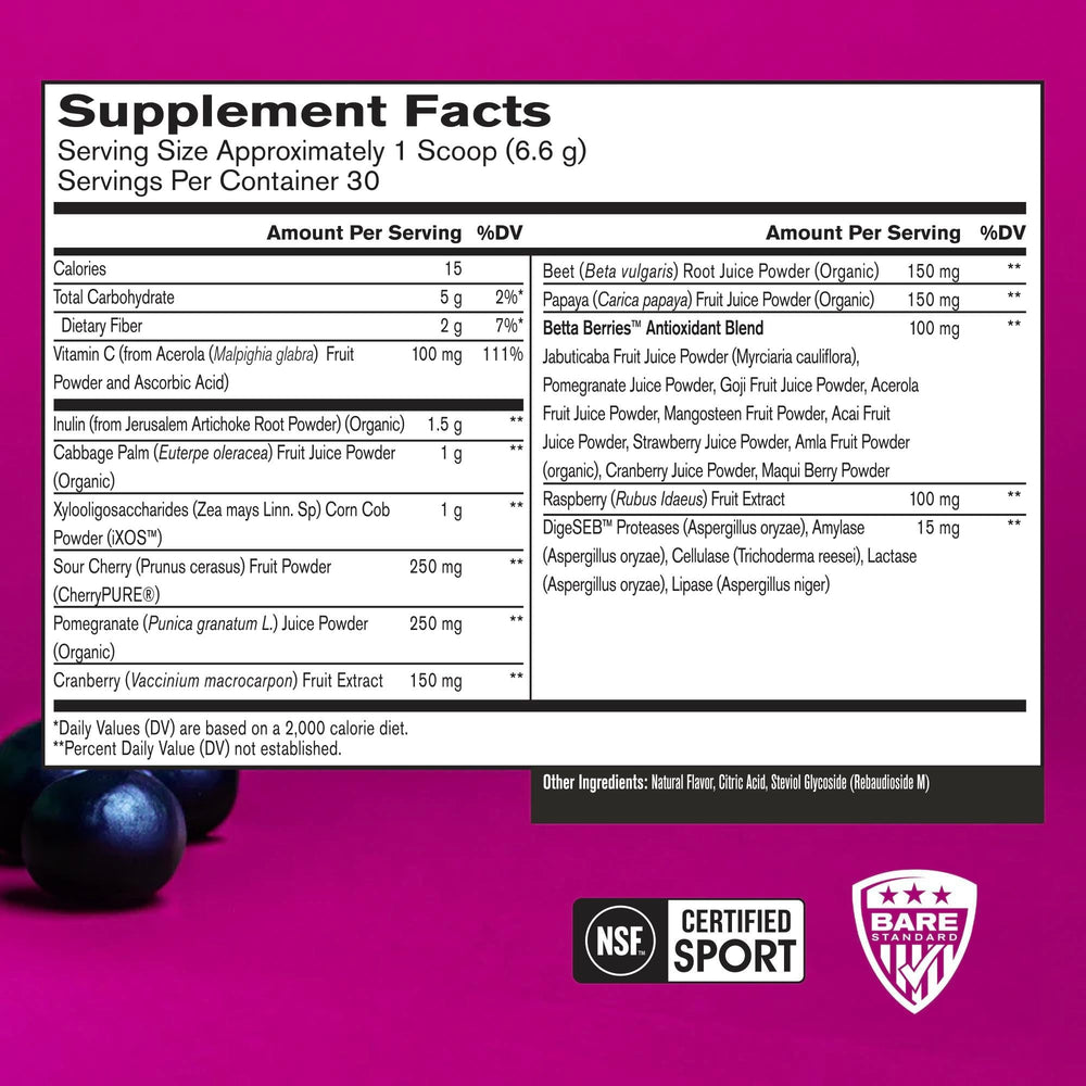 BARE PERFORMANCE NUTRITION Strong Reds beet juice shot highlighting natural nutrients