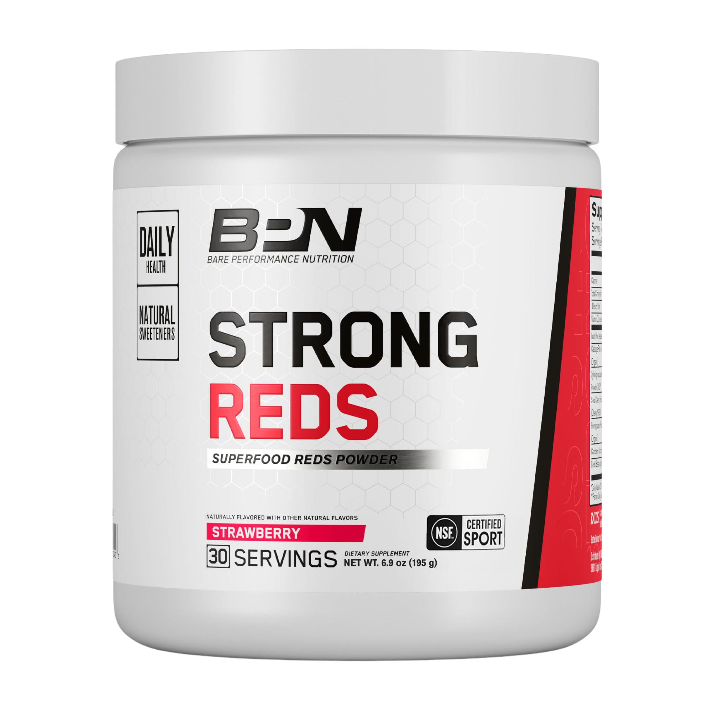 Bare Performance Nutrition Strong Reds powder bottle front showing strawberry flavor.