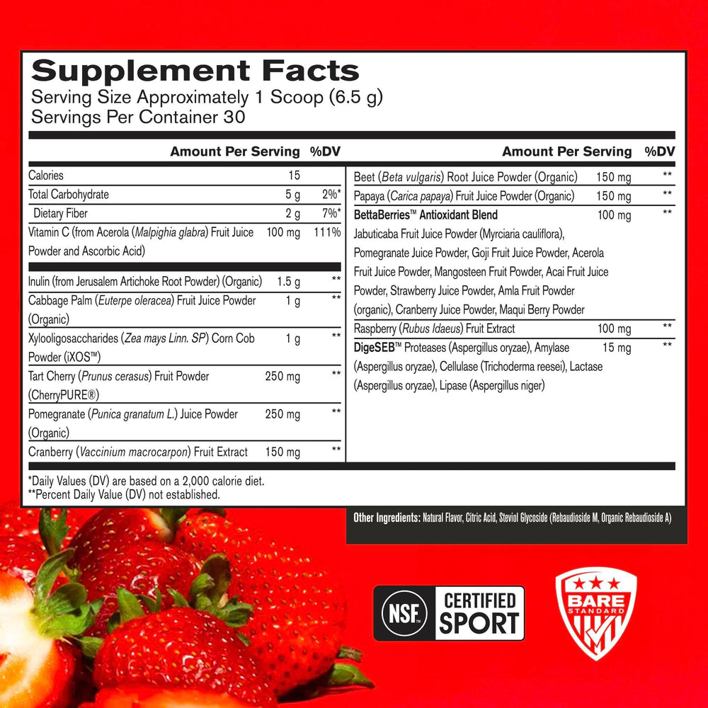 Bare Performance Nutrition Strong Reds scoop blending into liquid for energy.