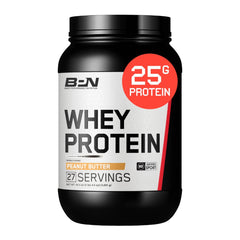 Bare Performance Nutrition peanut butter protein tub highlighting 25 g protein per serving