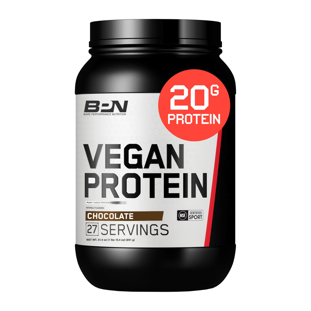 Bare Performance Nutrition vegan protein powder chocolate tub, ideal for post-workout recovery