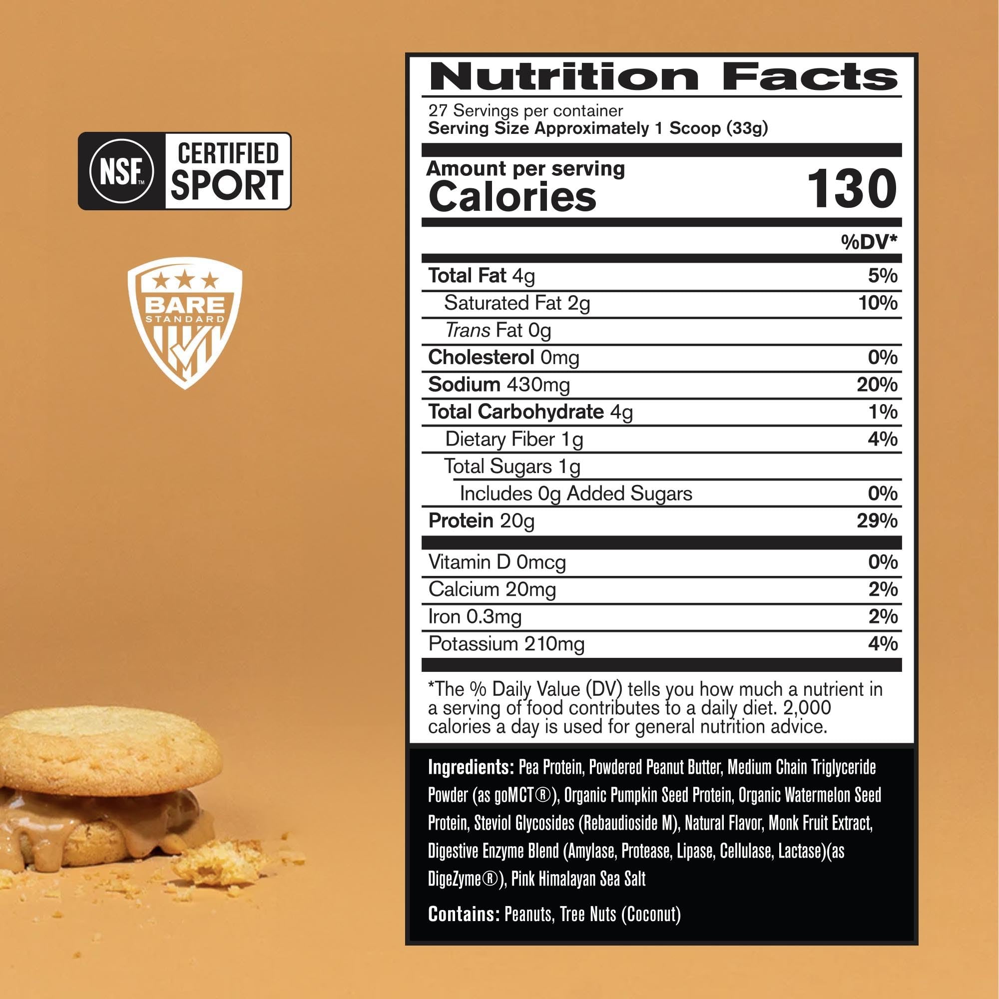 Bare Performance vegan protein scoop beside the jar for precise post-workout fueling