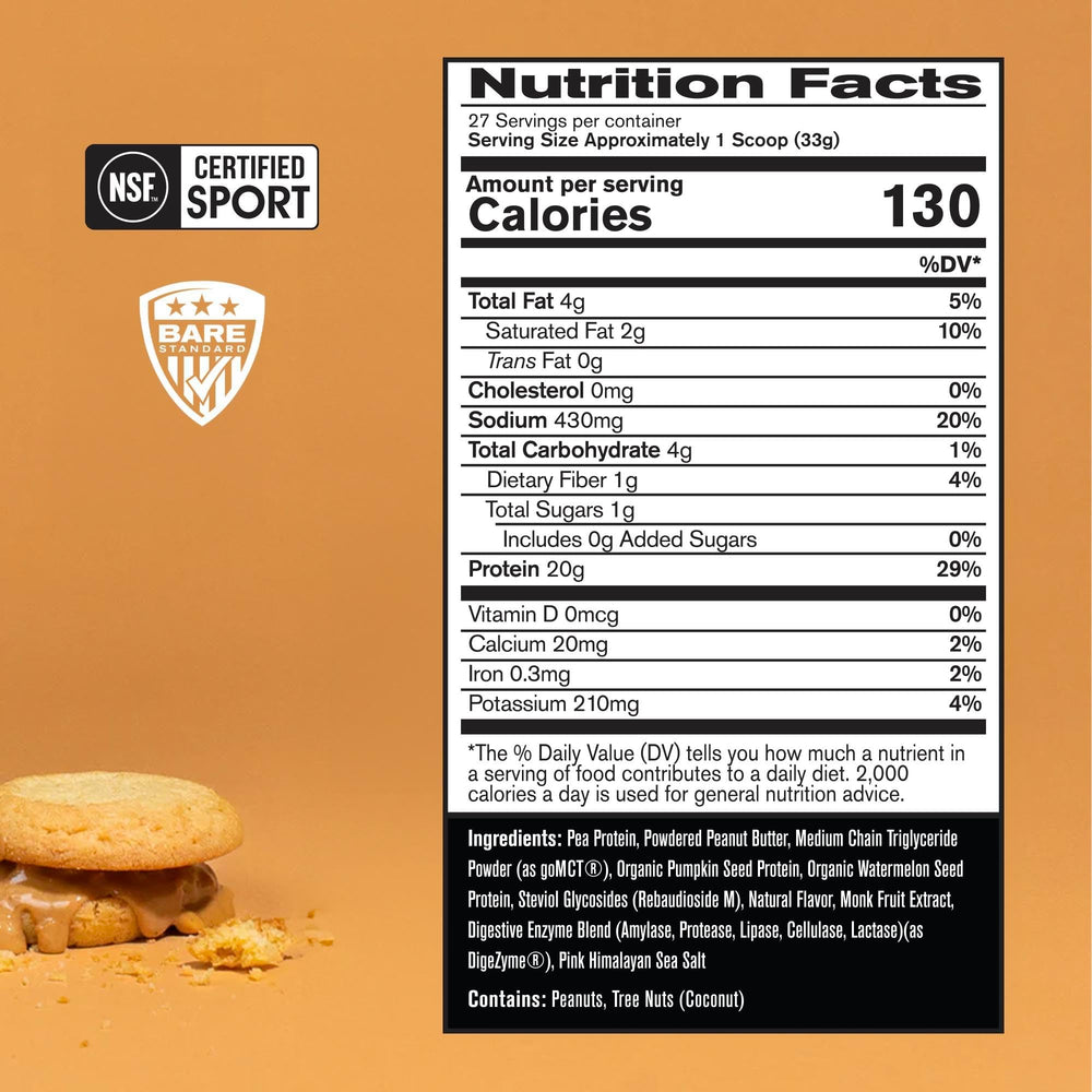 Bare Performance vegan protein scoop beside the jar for precise post-workout fueling