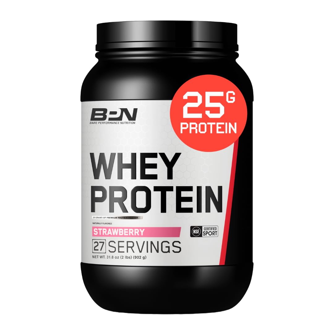 Bare Performance Nutrition BPN whey powder strawberry flavor with a scoop showing creamy taste and aroma.