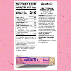 Barebells Birthday Cake bar nutrition panel, 20g protein and 1g sugar per bar.