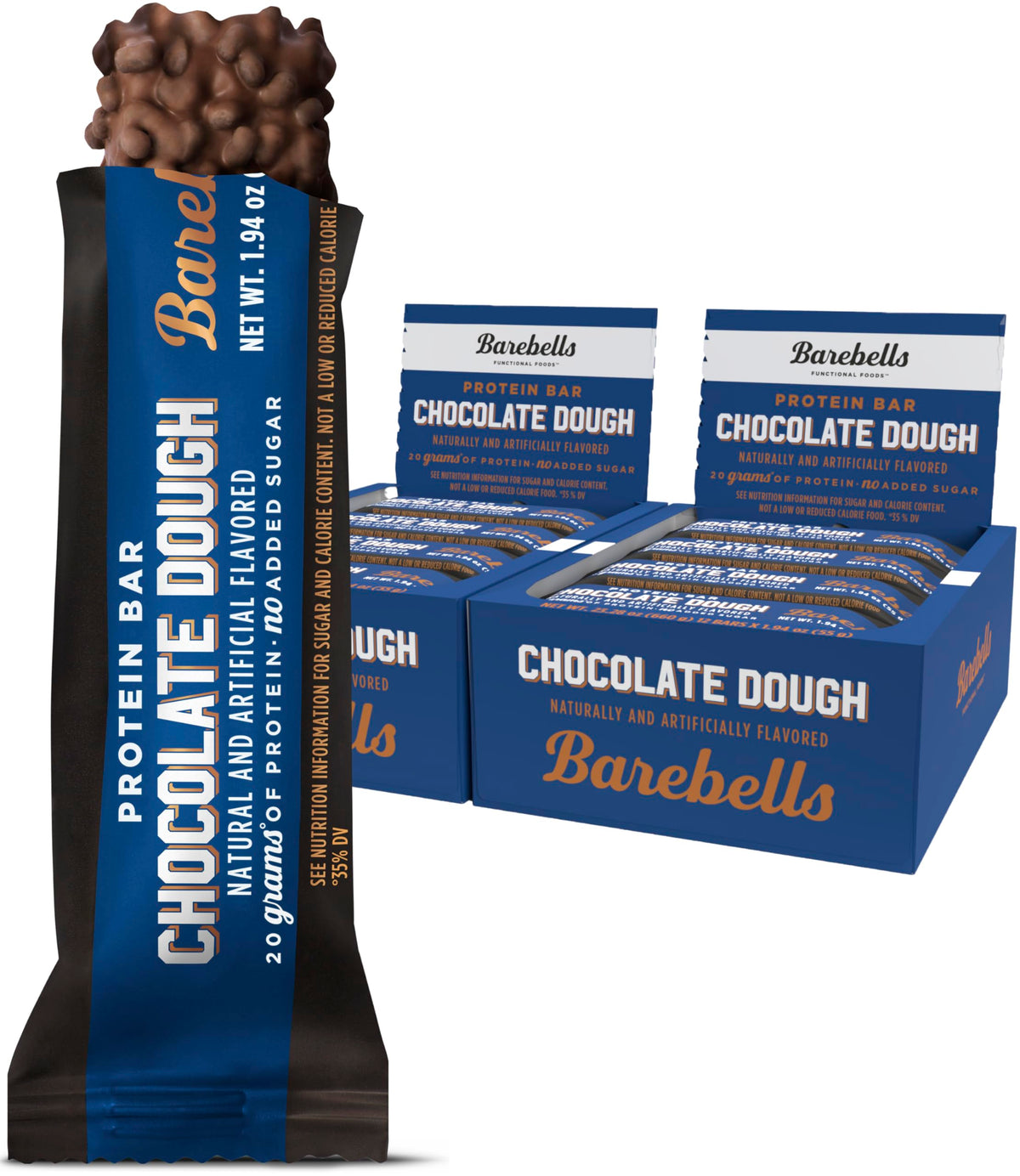 Barebells brownie dough bar packaging shows 20g protein per bar.
