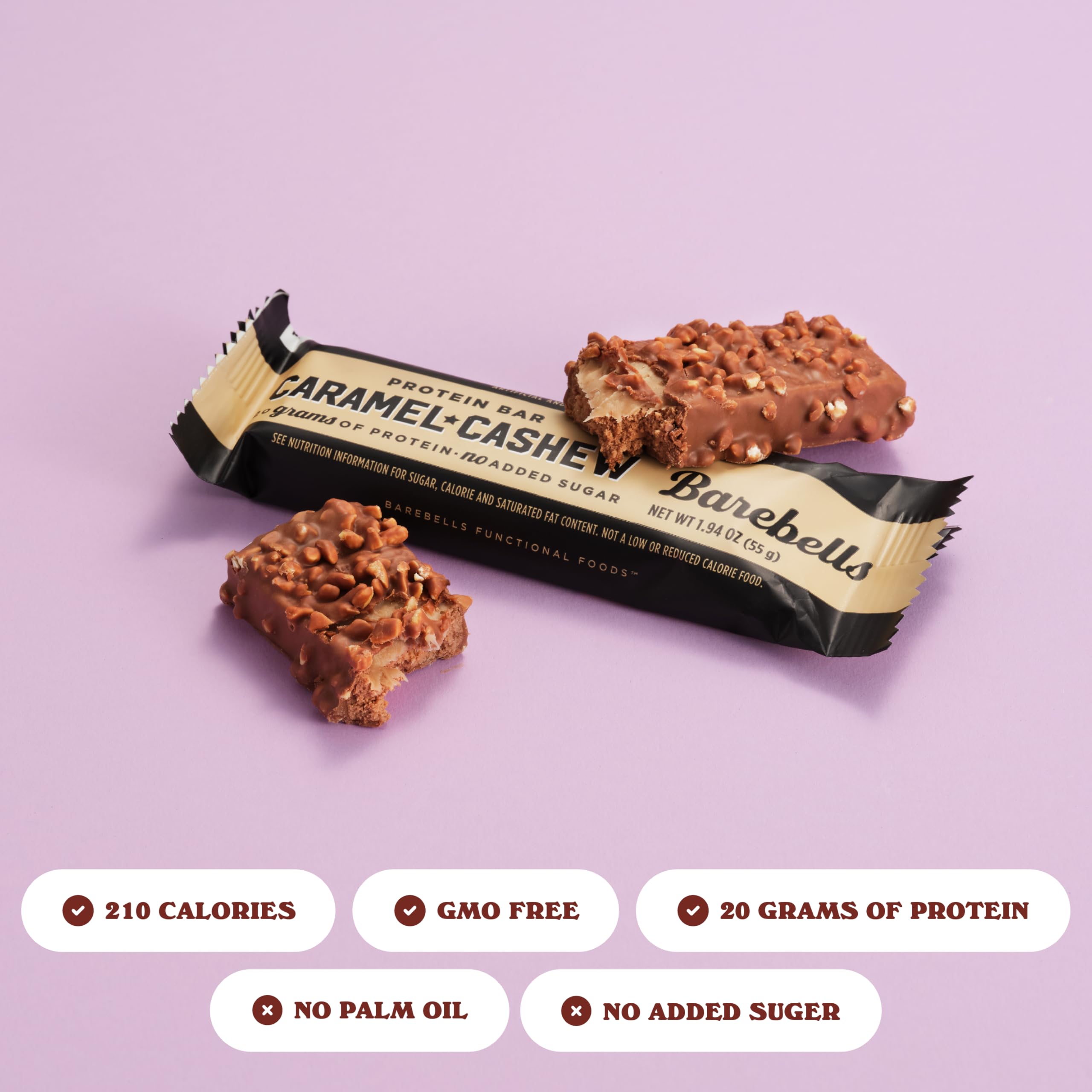Close-up of glossy Barebells Caramel Cashew bar coating, protein-rich snack.