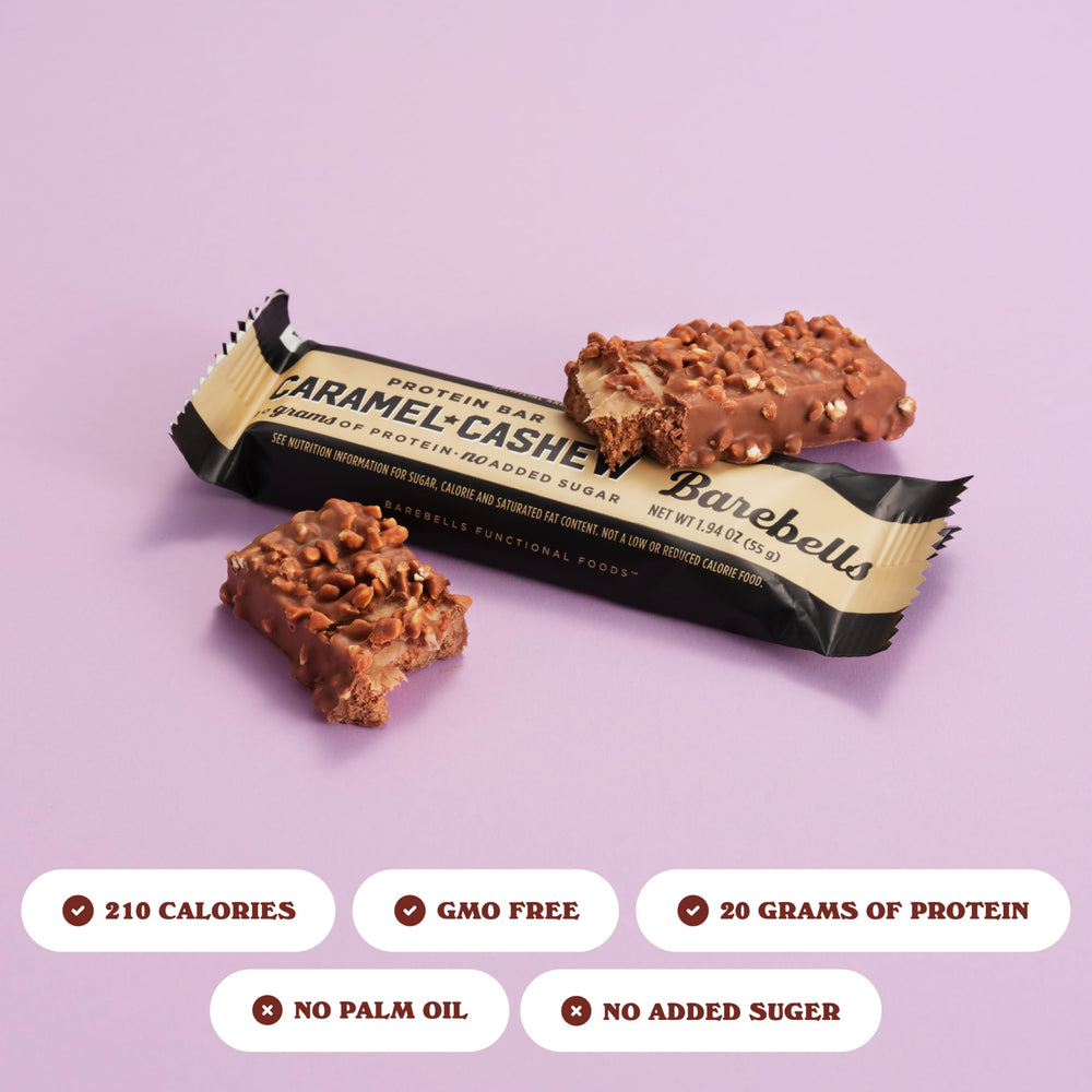 Close-up of glossy Barebells Caramel Cashew bar coating, protein-rich snack.
