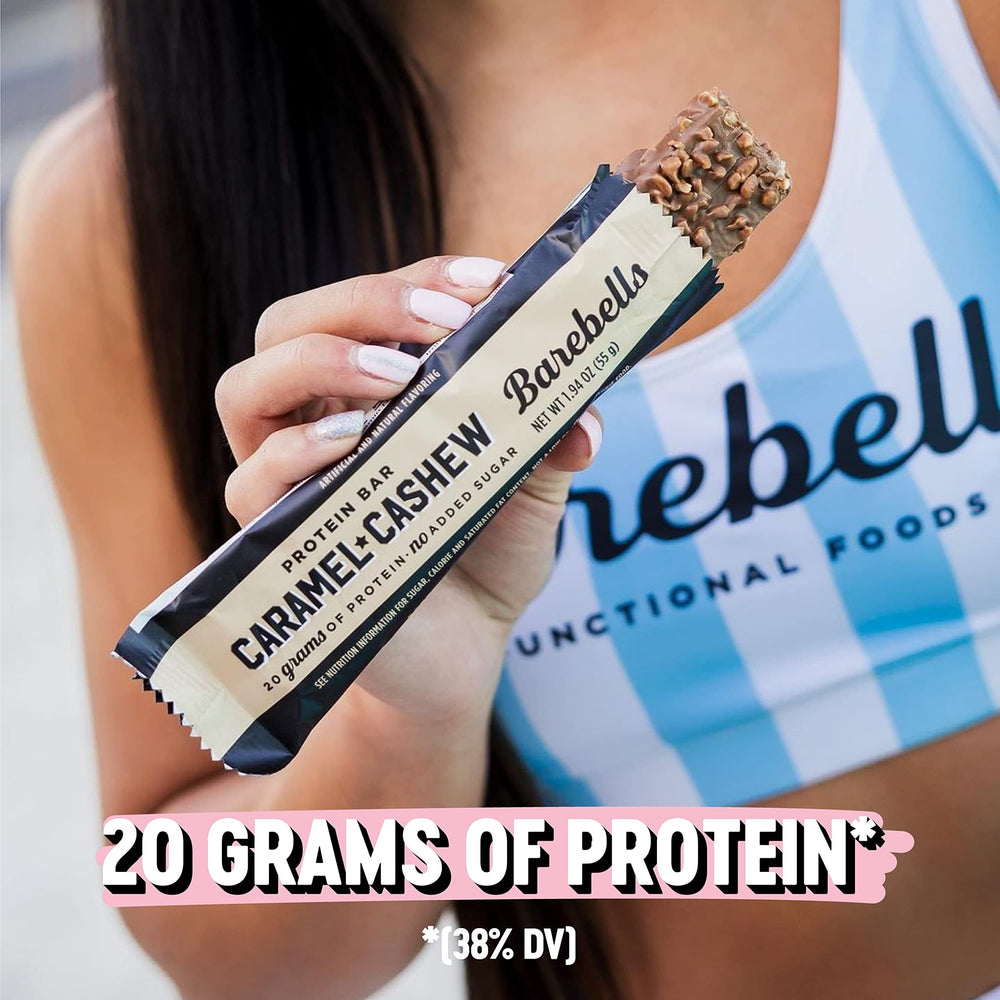 Barebells Caramel Cashew bar ingredients close-up, protein emphasis