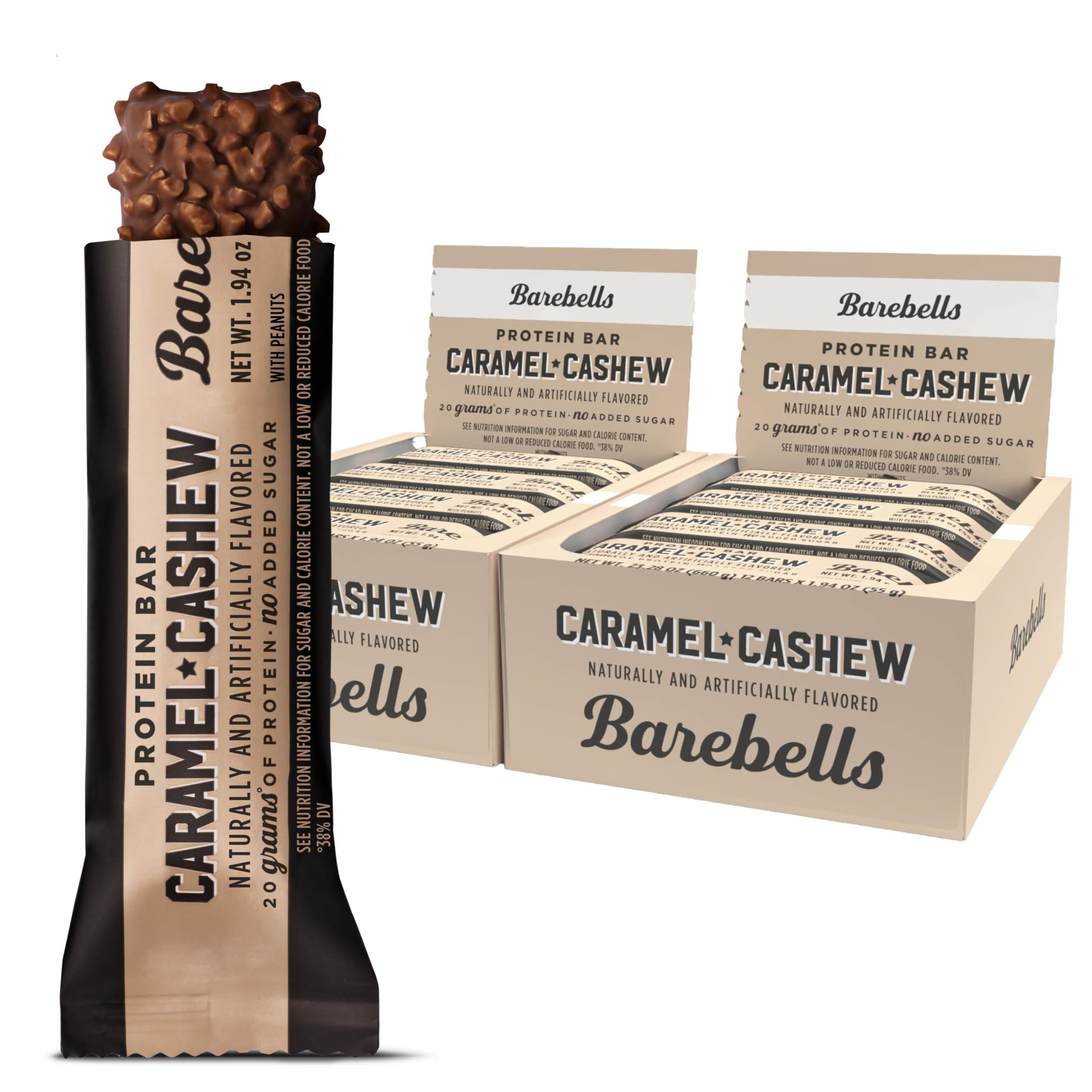 Barebells Caramel Cashew bar pack shot for a high-protein snack