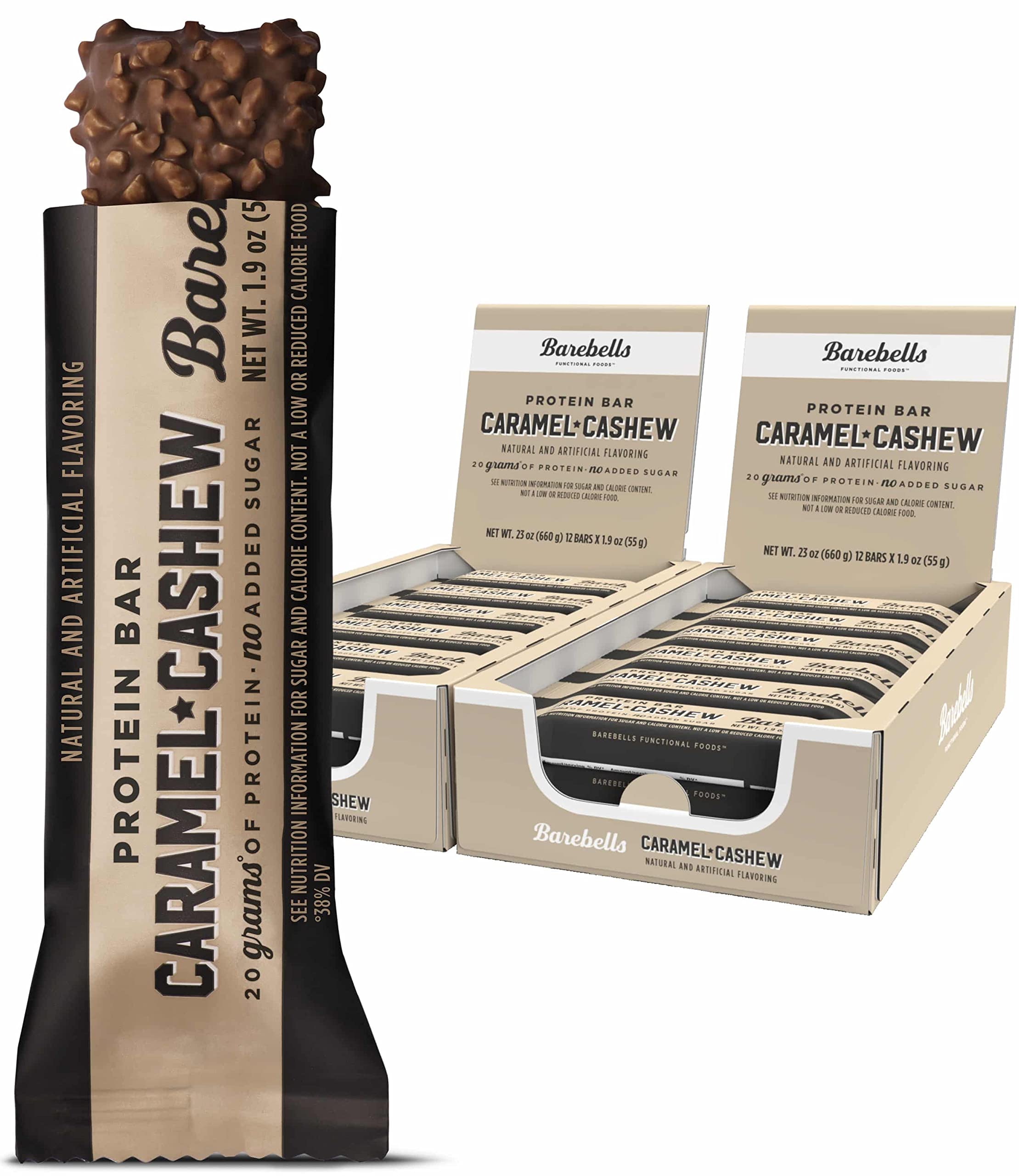 Barebells Caramel Cashew bar packaging, grab-and-go protein snack