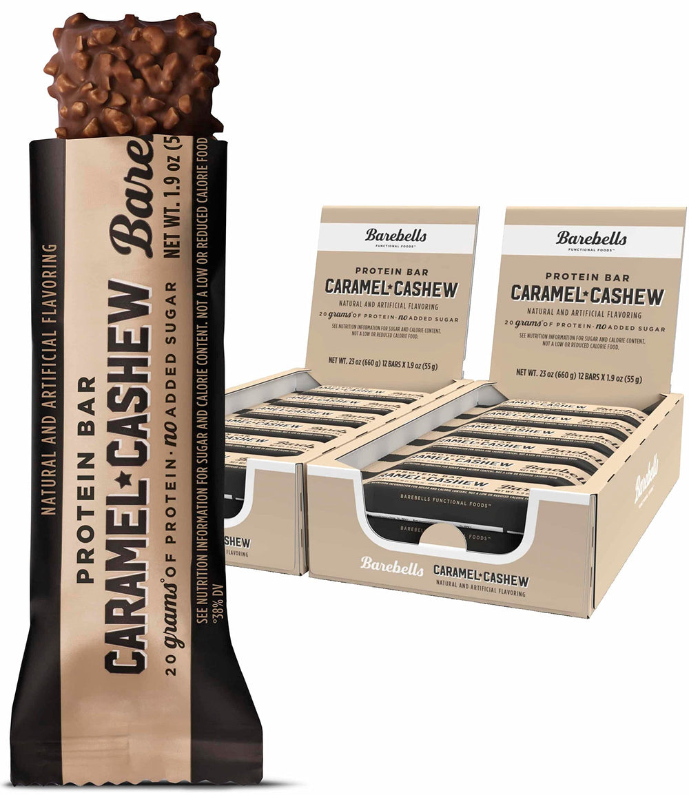 Barebells Caramel Cashew bar packaging, grab-and-go protein snack