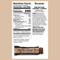 Barebells Caramel Cashew bar tilted on plate, dessert-like protein treat