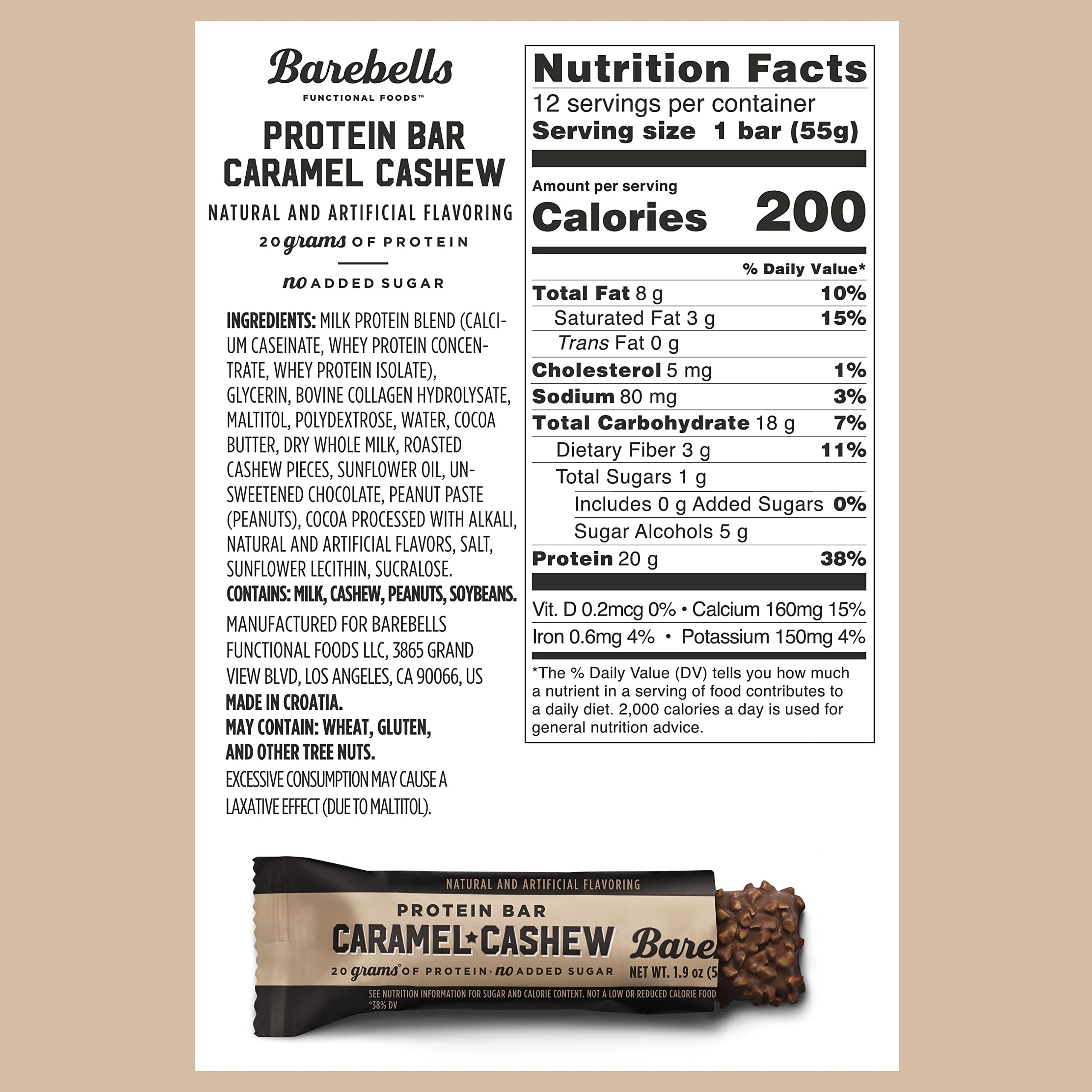 Barebells Caramel Cashew bar unwrapped showing chocolate coating