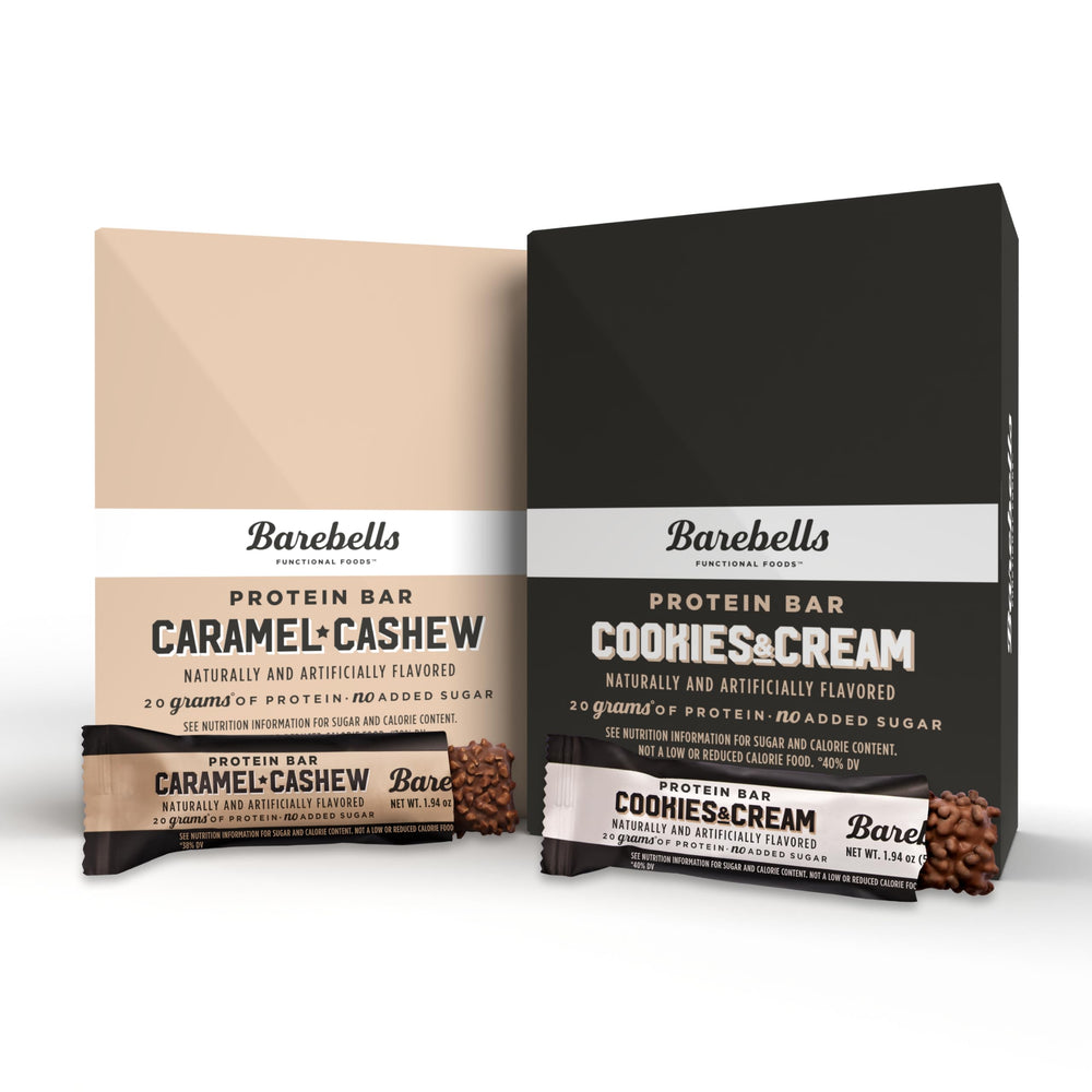 Barebells Caramel Cashew and Cookies and Cream 24-pack pack-shot front for on-the-go snacking.