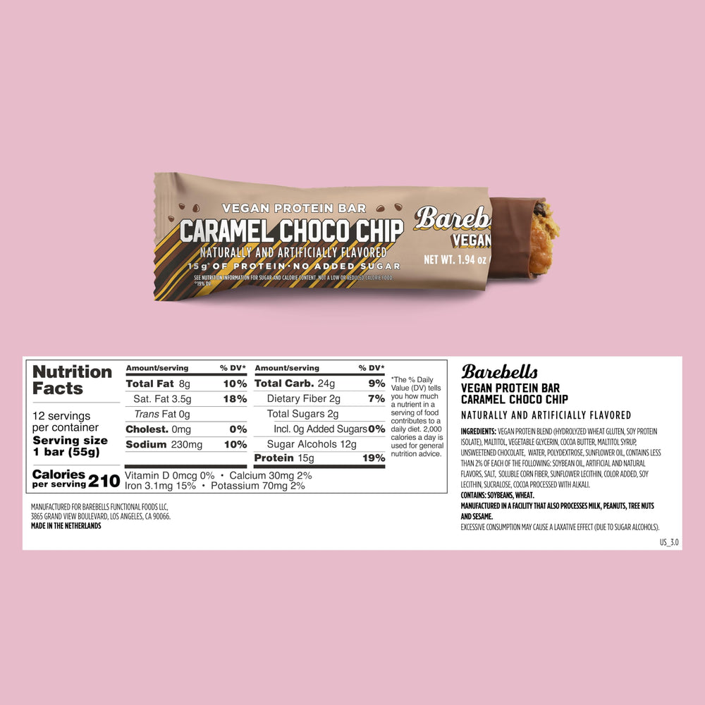 Cross-section reveals caramel, chocolate chips, and crispy pieces, high-protein treat.