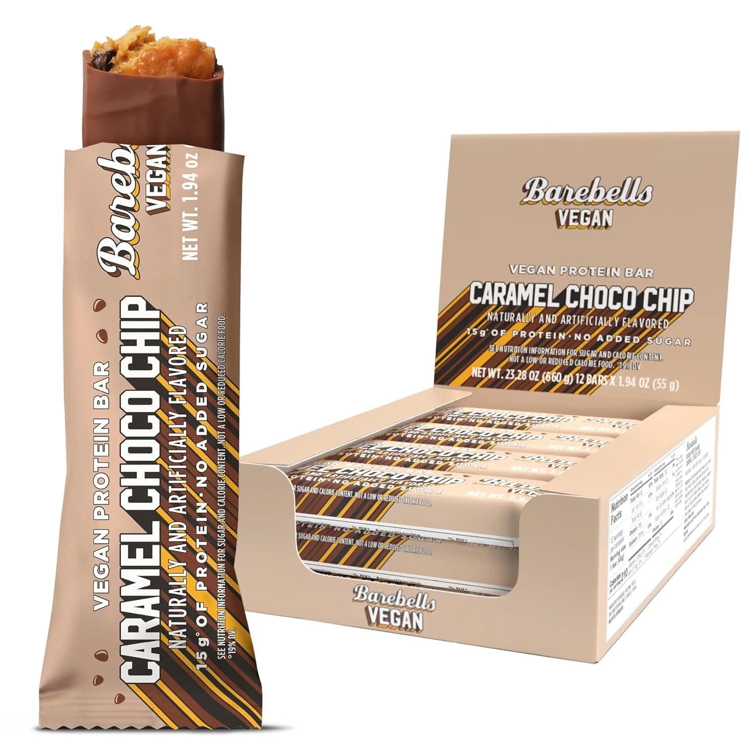 Barebells Caramel Choco Chip bar, ready-to-eat protein snack for on-the-go energy.
