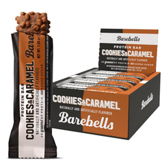 Barebells Cookies and Caramel bar pack shot, convenient high-protein snack for busy days.