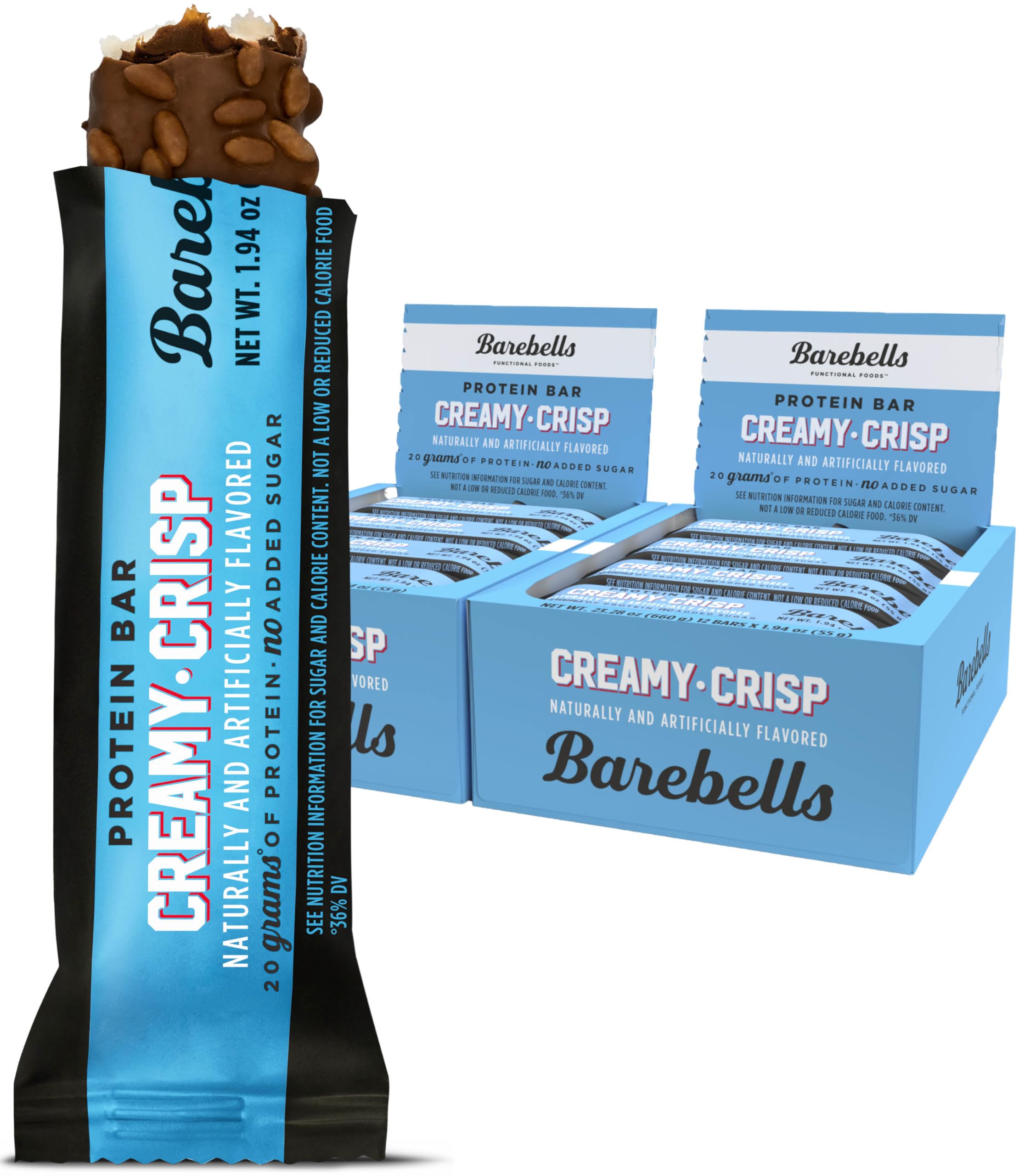 BAREBELLS Creamy Crisp bars in a two-box pack for convenient on-the-go snacking.