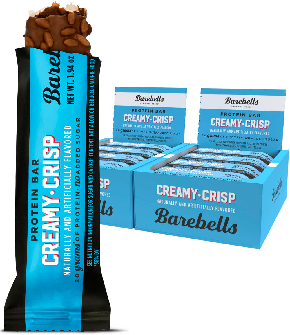 BAREBELLS Creamy Crisp bars in a two-box pack for convenient on-the-go snacking.