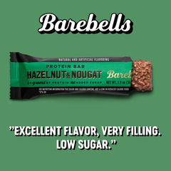 Barebells Hazelnut & Nougat bar, bite shot, satisfying texture with 20g protein.