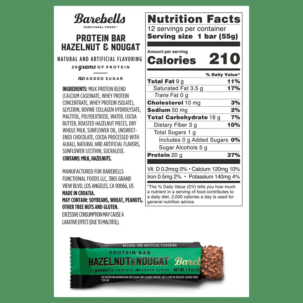 Barebells Hazelnut & Nougat bar, packaging back, showcasing serving size and protein content.