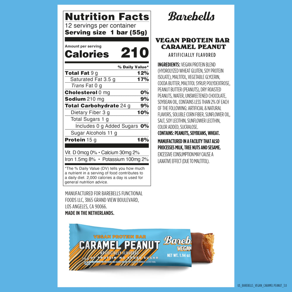 Barebells Plant-Based Peanut Caramel bar cross-section highlights caramel and peanut texture.