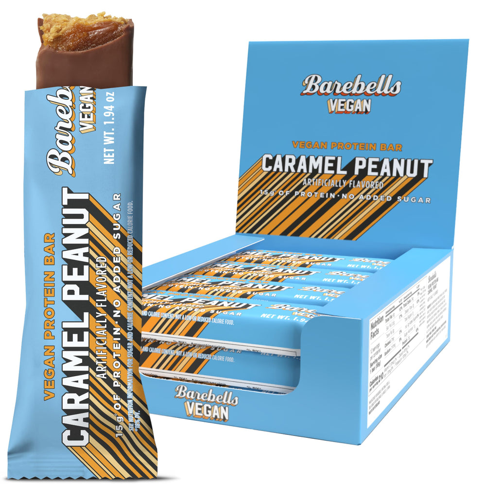 Barebells Plant-Based Peanut Caramel bar packaging shows vegan protein for on-the-go lifestyles.