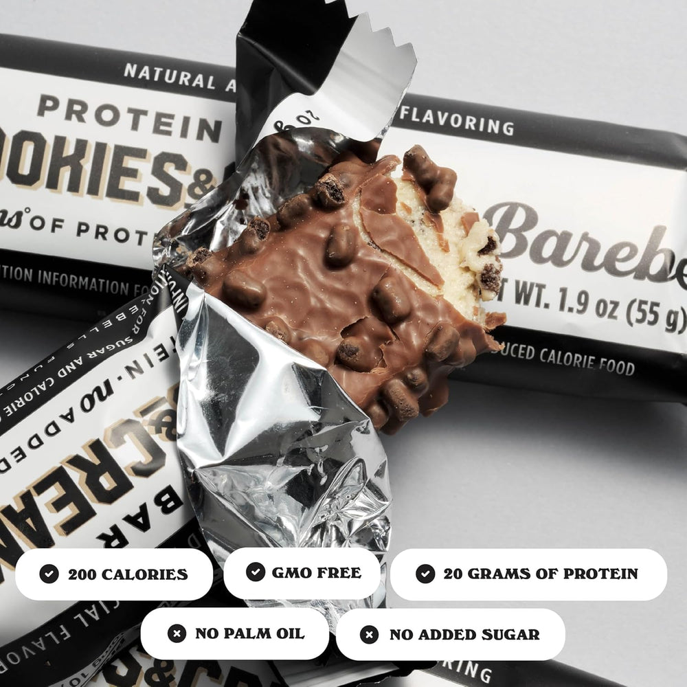 Barebells Cookies and Cream wrapped bars closeup revealing chocolatey texture.