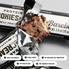 Barebells Cookies and Cream wrapped bars closeup revealing chocolatey texture.