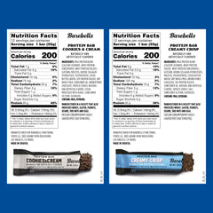 Barebells Cookies and Cream bar close-up, rich flavor and soft texture for a pre-workout.