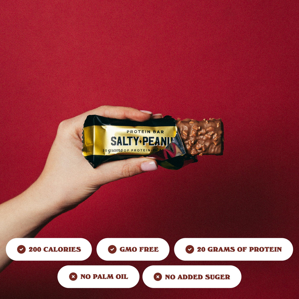 Barebells Salty Peanut bar wrapped image highlights portable snack option