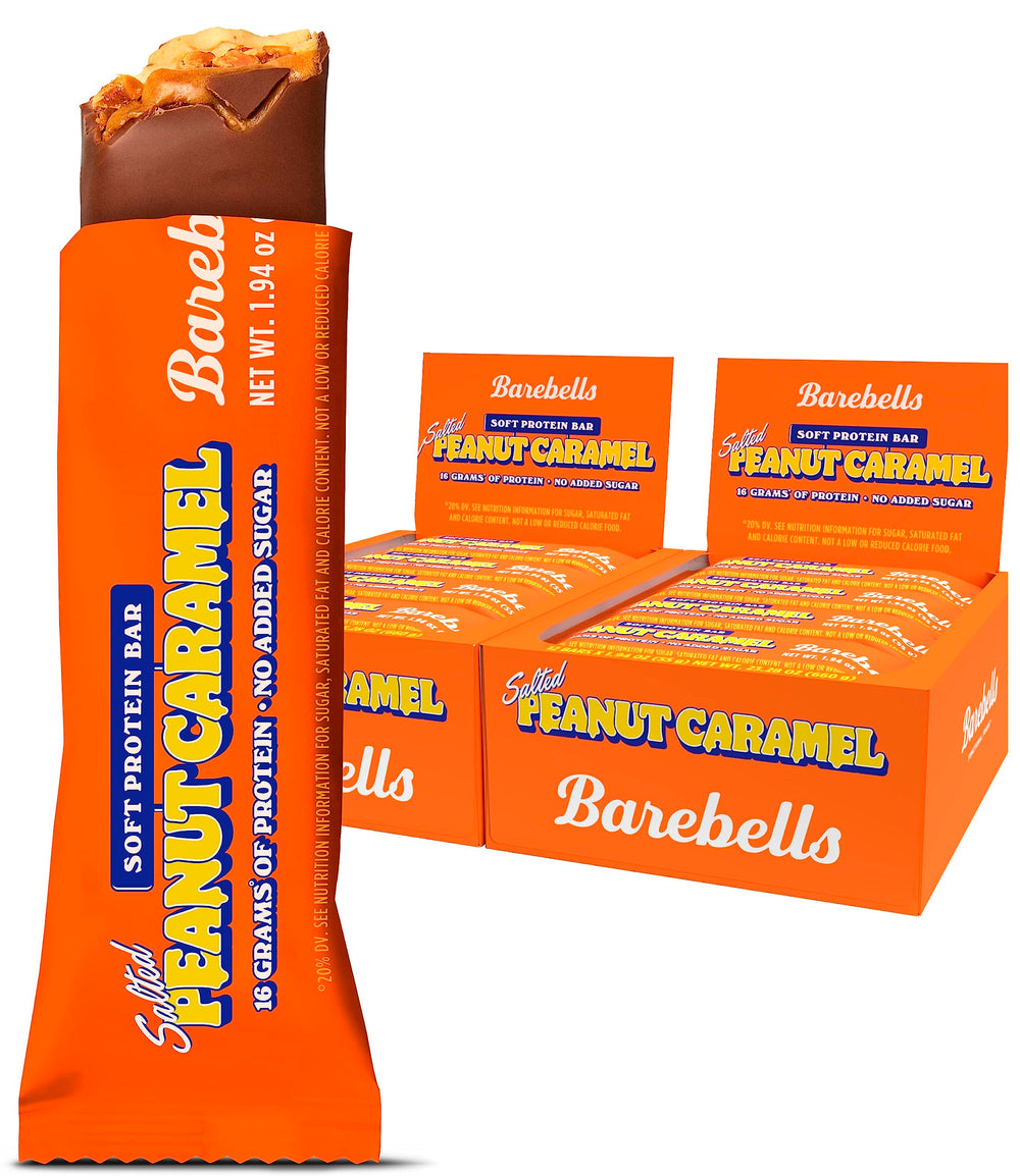 BAREBELLS soft protein bar salted peanut caramel wrapped for a convenient snack.